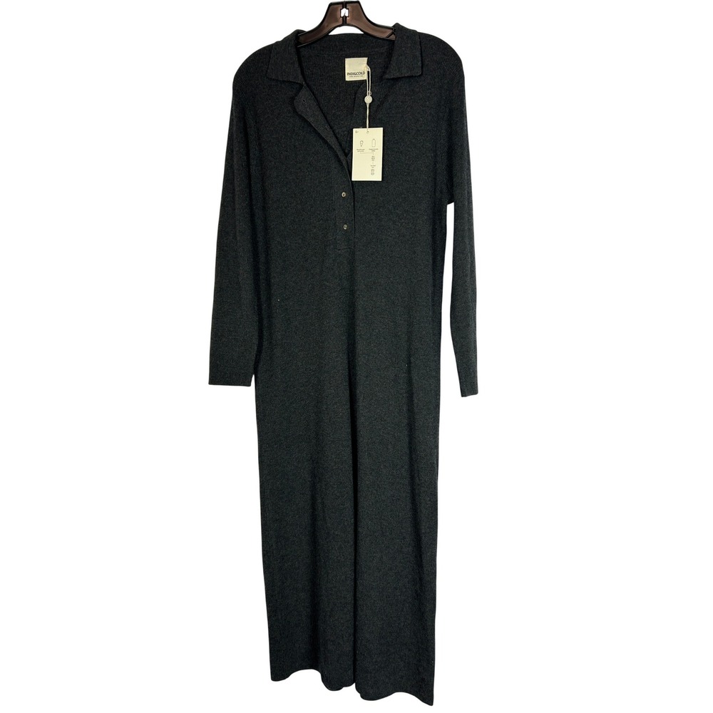Indi & Cold Sea Wool Ribbed Knit Maxi Dress Charcoal Grey Quiet Luxury Medium